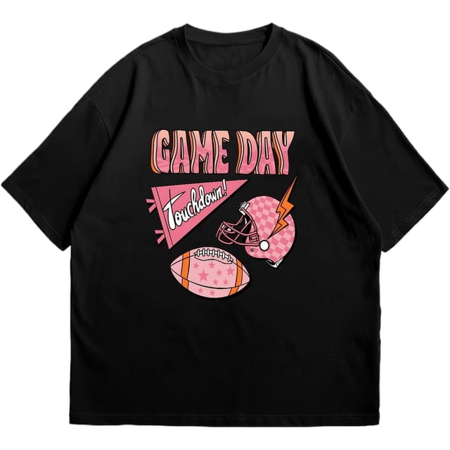 playera estampada de fútbol para mujer, diseño de casco Touchdown y estampado de bolas, color rosa y naranja