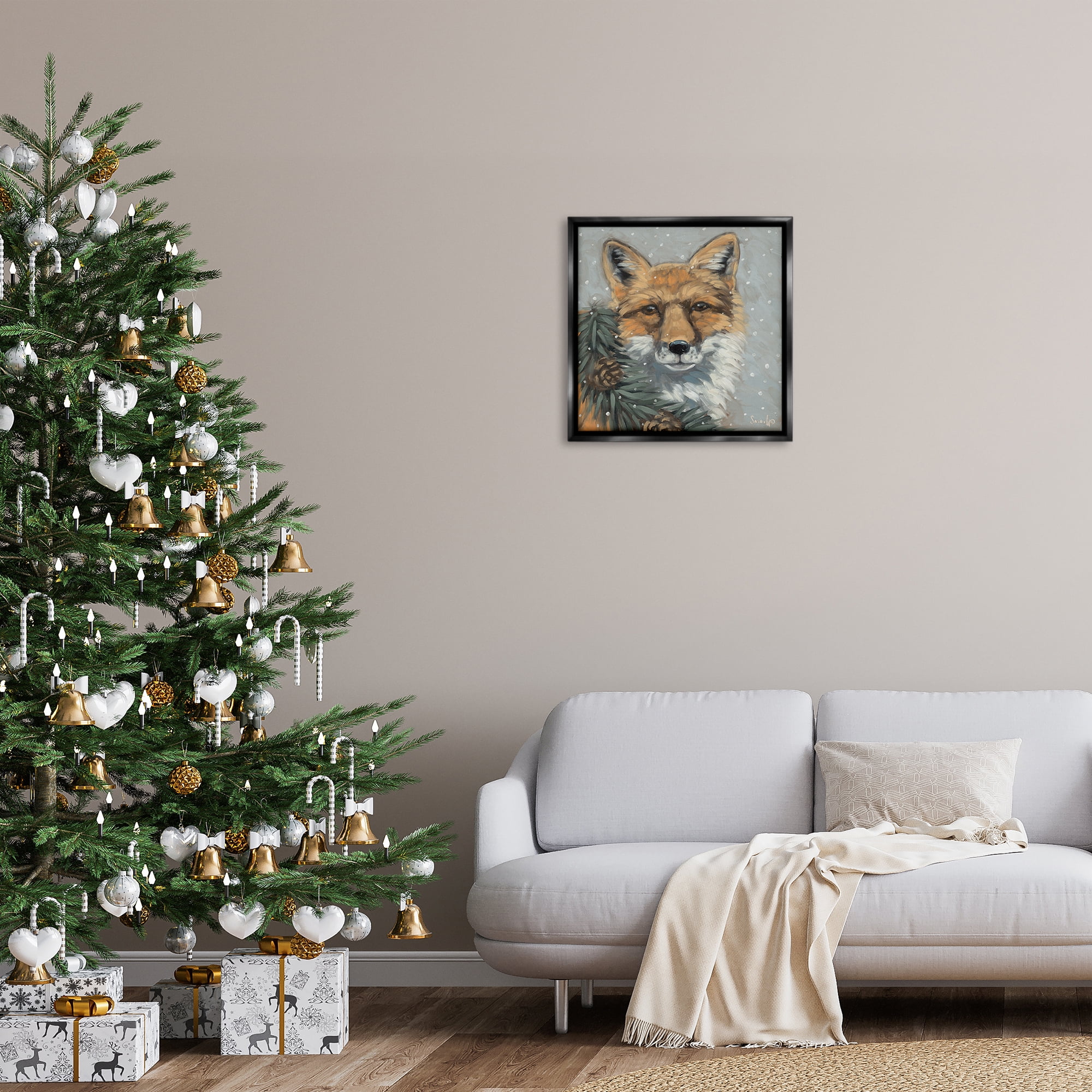 Stupell Industries Fox with Snowy Pinecones Holiday Painting Black Floater Framed Canvas Art Prints Wall Art, 25 x 25