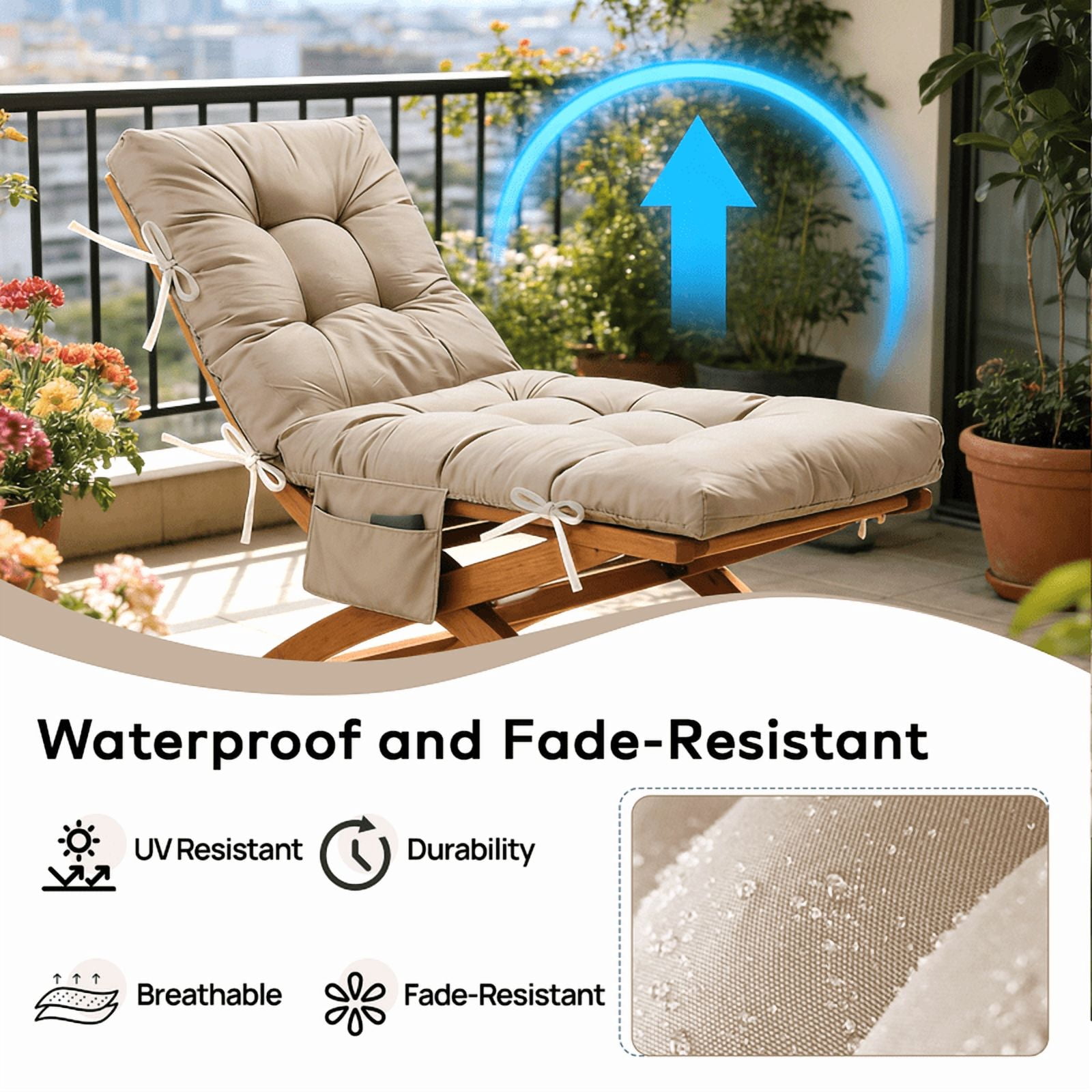PUKNLY Chaise Lounge Chair Cushion Outdoor, 67*22*4 in Thickened Leisure Lounge Deck Chair Cushion, Waterproof & Fade-Proof Patio Pool Sun Lounger Pad with Straps, Bag, for Pool, Beach, Balcony