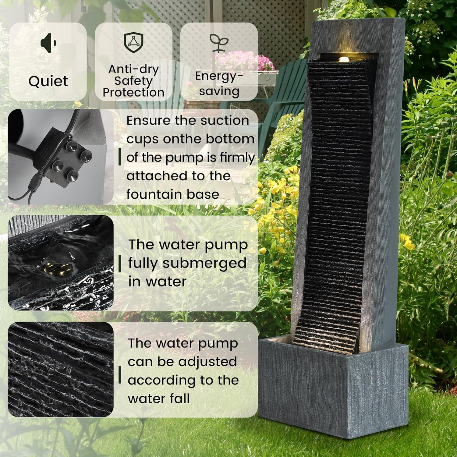 Haverchair Outdoor Home Water Fountain Waterfalls Cascading Freestanding Flowing Fountain, 49.2" H Indoor Waterfall Fountains with Pump LED Lights Cobbles, Landscaping Garden Lawn Patio Decor, Gray