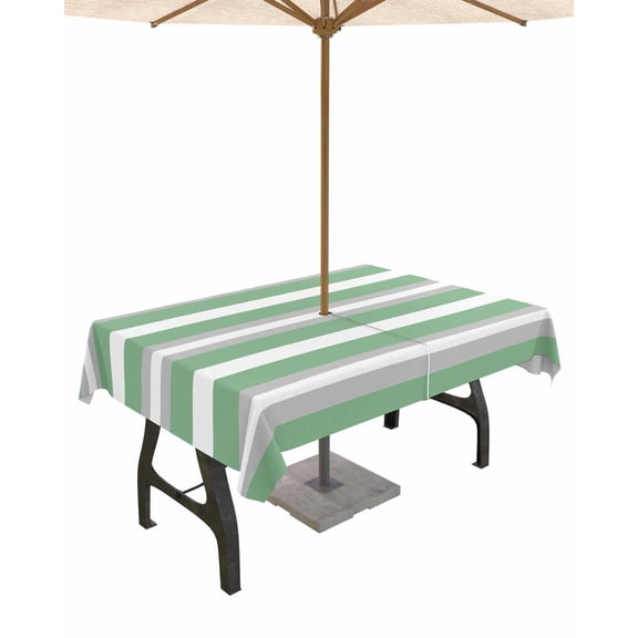 Outdoor Tablecloth with Umbrella Hole for Patio/Picnic/Party/Camping, Green Grey Stripe Waterproof Table Cloth Rectangle Table Cover Washable, Minimalist Farmhouse Striped 52"x 70"