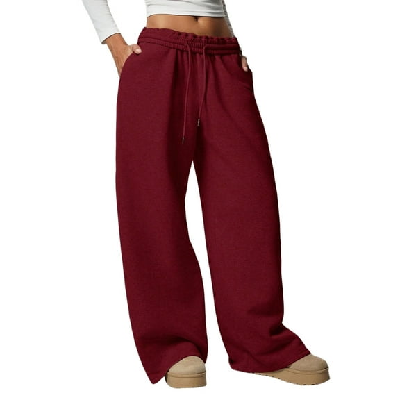 Women'S Wide Leg Sweatpants High Waisted Baggy Interior Drawstring Sweatpants Straight Leg Sweat Pants Red L