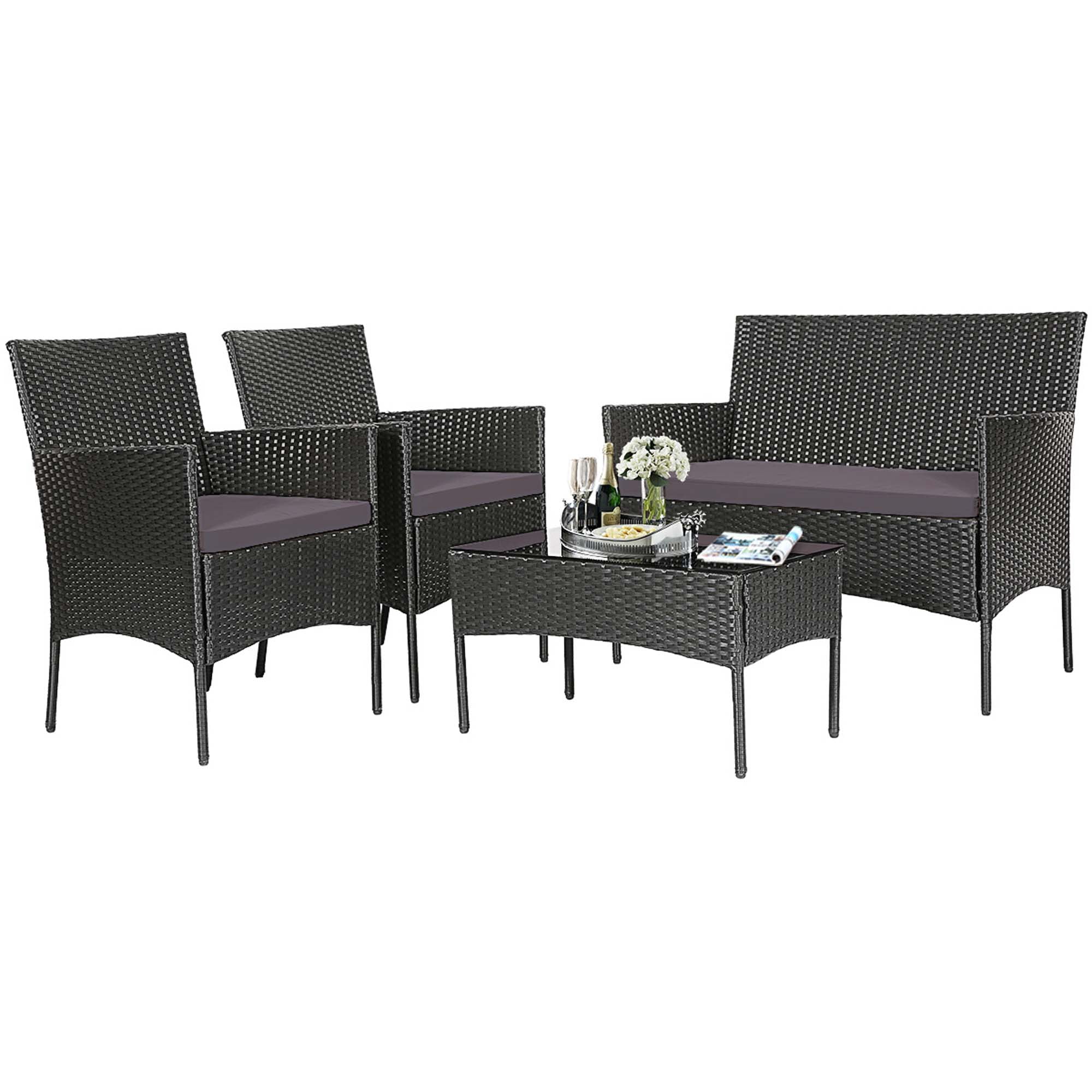 Costway 4PCS Patio Rattan Furniture Set Cushioned Sofa Coffee Table Backyard Grey