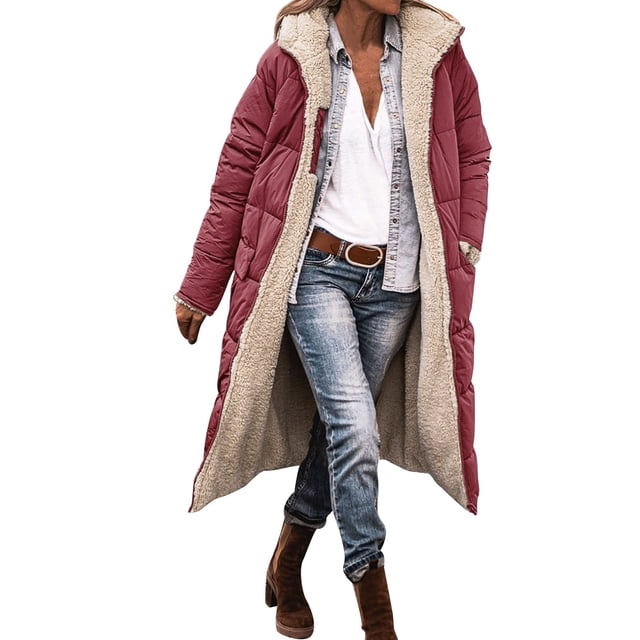 Manteau de Neige Décontracté à Fermeture Éclair pour Femmes, Veste Zippée pour Femmes avec Poches, Veste pour Femmes Grande Taille, Chandail à Capuchon en Molleton, Hiver, Réversible, Maternité, Veste Grande Taille, Manteau Long en Peluche, Vêtement d'Extérieur