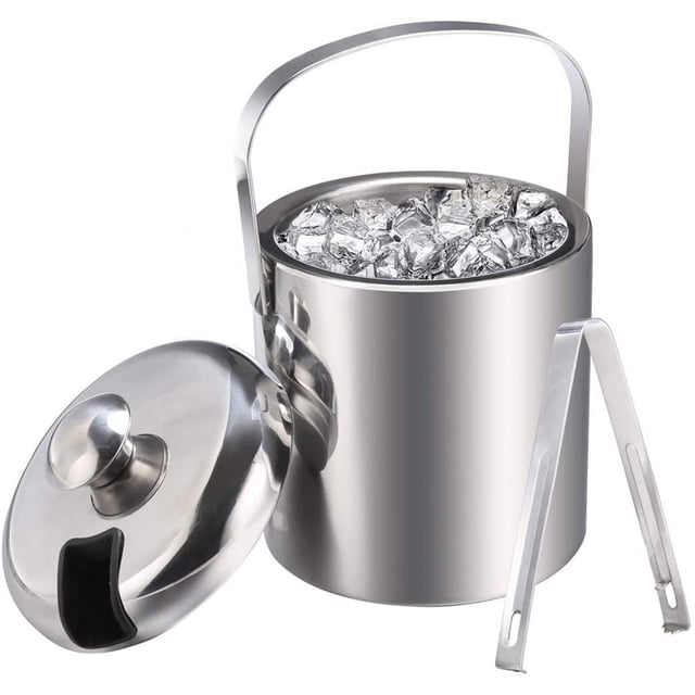 Nvzi Cubos de hielo con pinzas de acero inoxidable, cubo de hielo de doble pared con tapa, enfriador de vino plateado para hamburguesas de bar, cubos de hielo para acampar