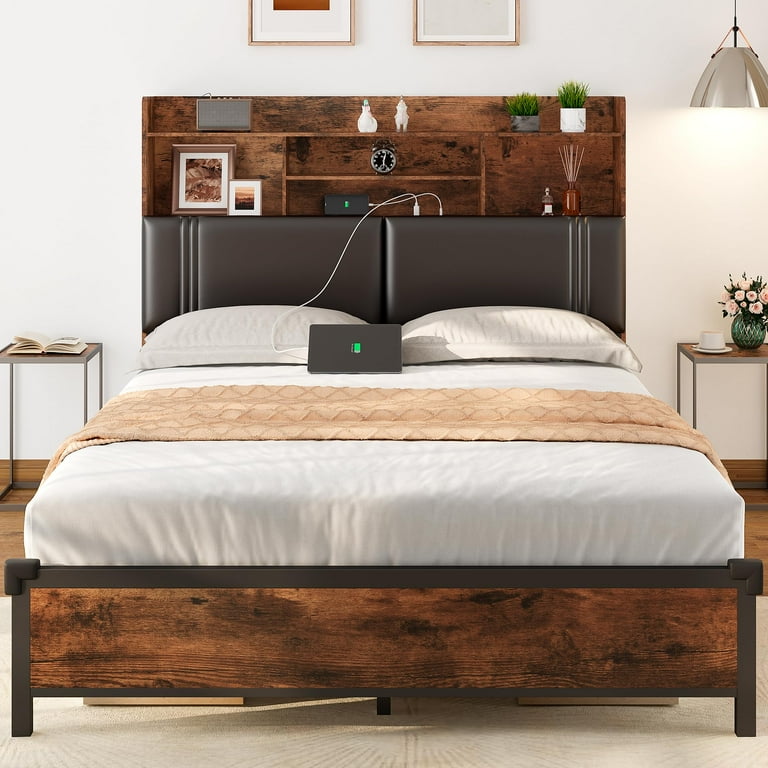 Full Size Bed Frame with Tall Storage Headboard Wooden Platform