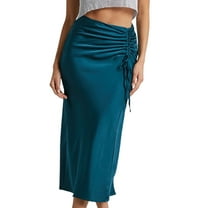 Jdlsppl Women's Long Skirt Vintage Fitted Elastic Waist Casual Drawstring Pleated Zip Up Elegant Mid Rise Peacock Blue 8