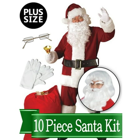 Santa Plus Size Costume - Red Regal Deluxe Complete 10 Piece Kit - Santa Suit Plush (Best Quality Santa Suit)