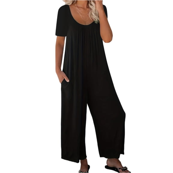 Women Short Sleeve Scoop Neck Wide Leg Jumpsuit Casual Loose Outfit with Pockets