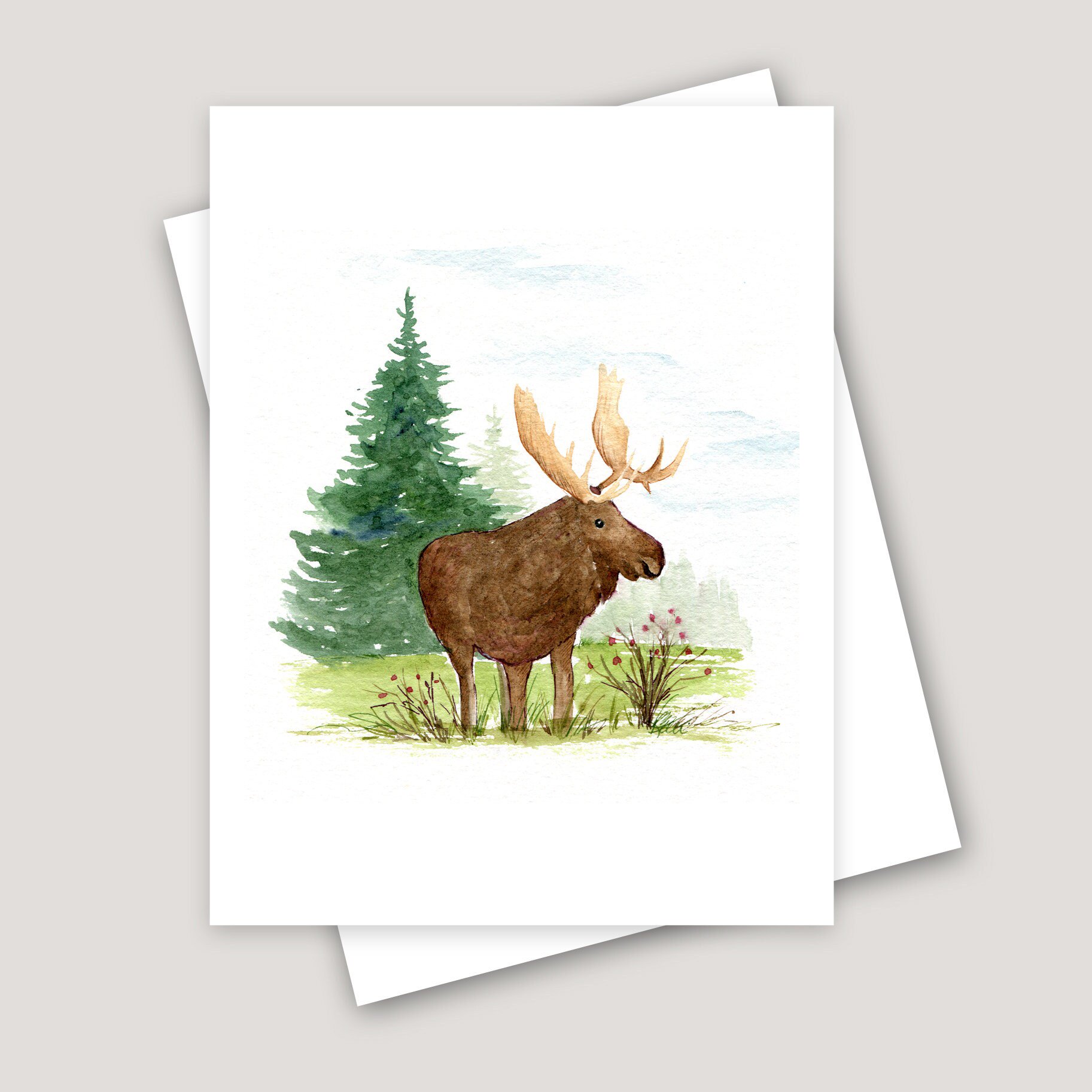 Watercolor Moose Greeting Card, Wildlife Forest Illustration, Woodland Animal Note Card, Nature Theme, Blank Stationery for All Occasions