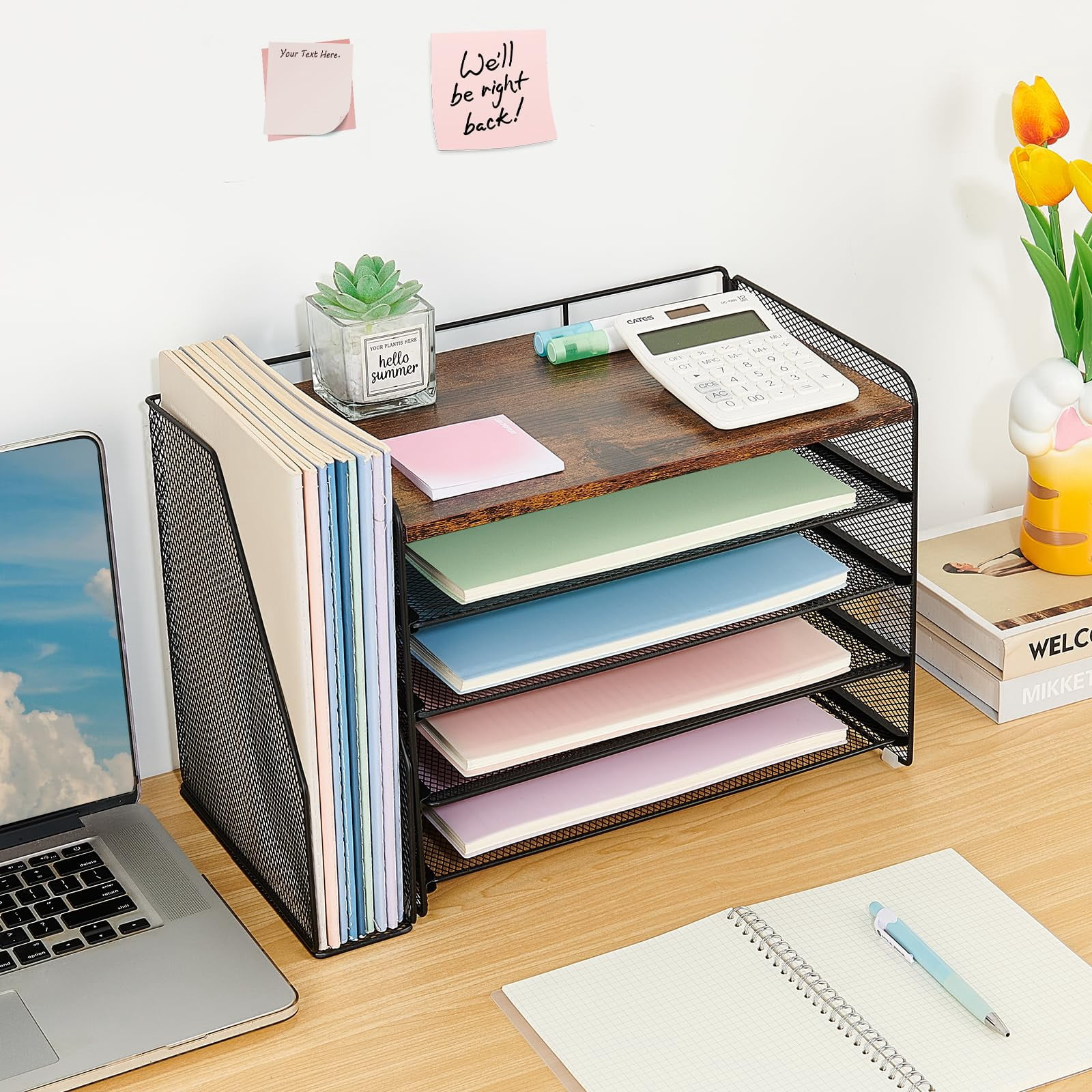 Desk Organizer  5-tier Paper Letter Tray With Magazine Holder Office Accessories & Workspace Organizers Desktop File For Supplies Storage Wood