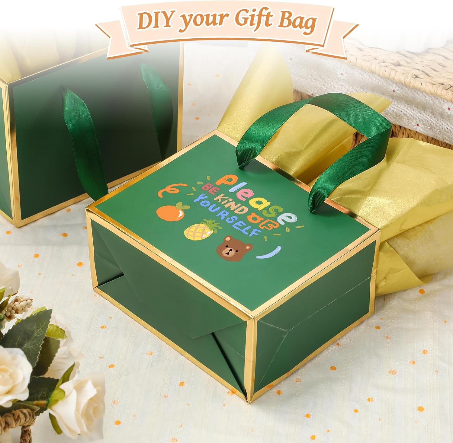 30 Pcs Small Metallic Foil Gift Bags with Handles, Green Gold Thank You Favor Bag with Tissue Paper for Back to School Baby Shower Wedding Mother's Day Christmas Party (6.4x3.1x5.1 Inch)