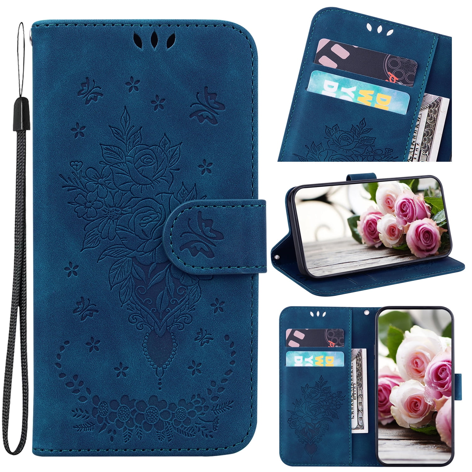 TECH CIRCLE for Apple iPhone 12 Mini Wallet case,Durable Luxury Flower Embossed PU Leather Magnetic Folio Flip Pocket Kickstand Card Slots Women Phone Case for iPhone 12 Mini 5.4" 2020,Blue