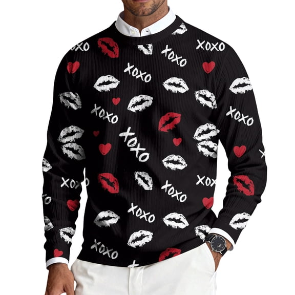 LWavelet Men's "XOXO" & Lip Print Sweater - Playful Design, Perfect for Valentine's Day Celebrations & Casual Hangouts Vermilion XL
