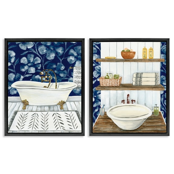 Stupell Industries Bold Painted Farmhouse Bathroom Bath & Laundry Painting Black Floater Framed Canvas Art Print Wall Art, 17 x 21, Set of 2