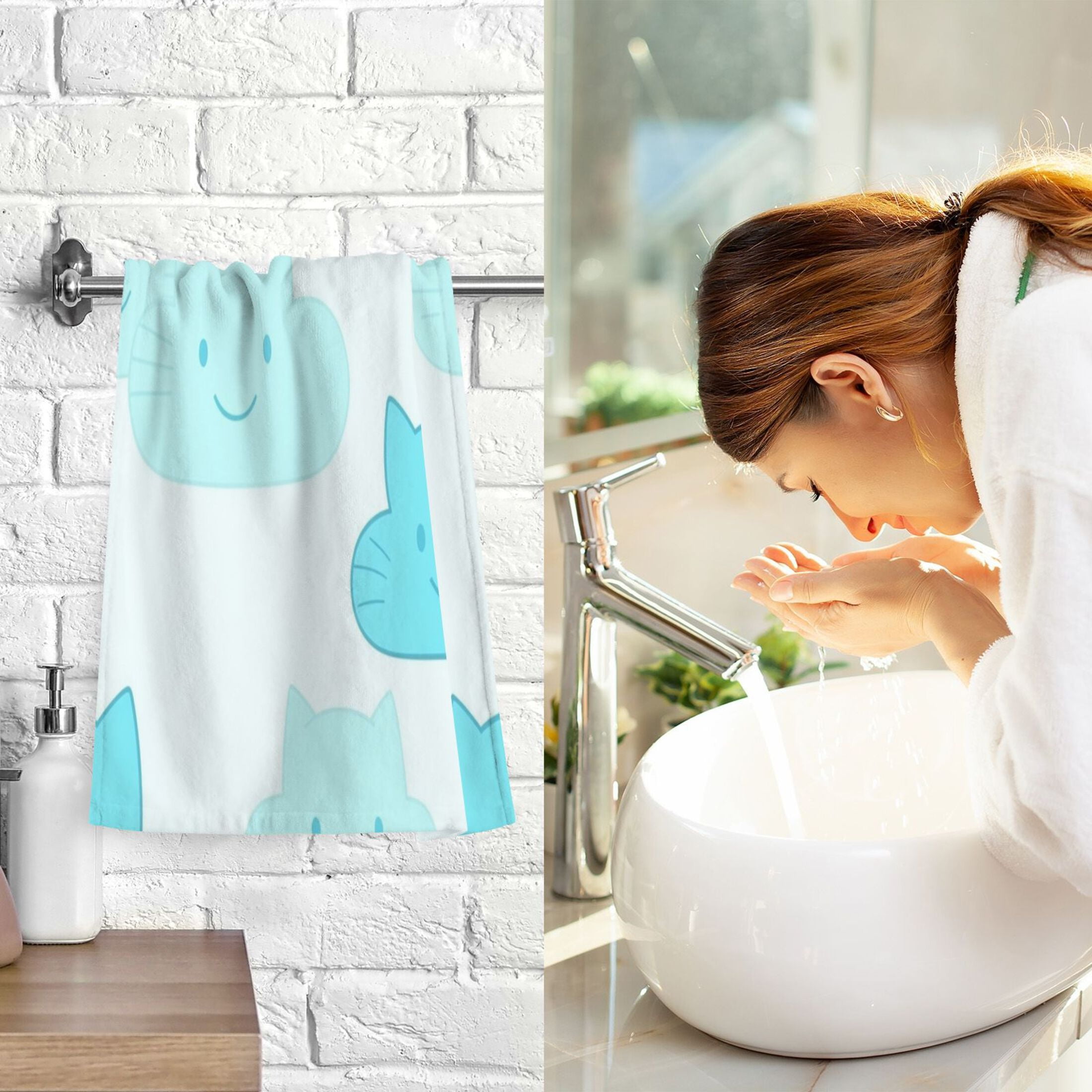 Cat Faced Clouds Pattern Set of 2 Pure Cotton Towels, 16'' x 28'', Highly Absorbent and Soft