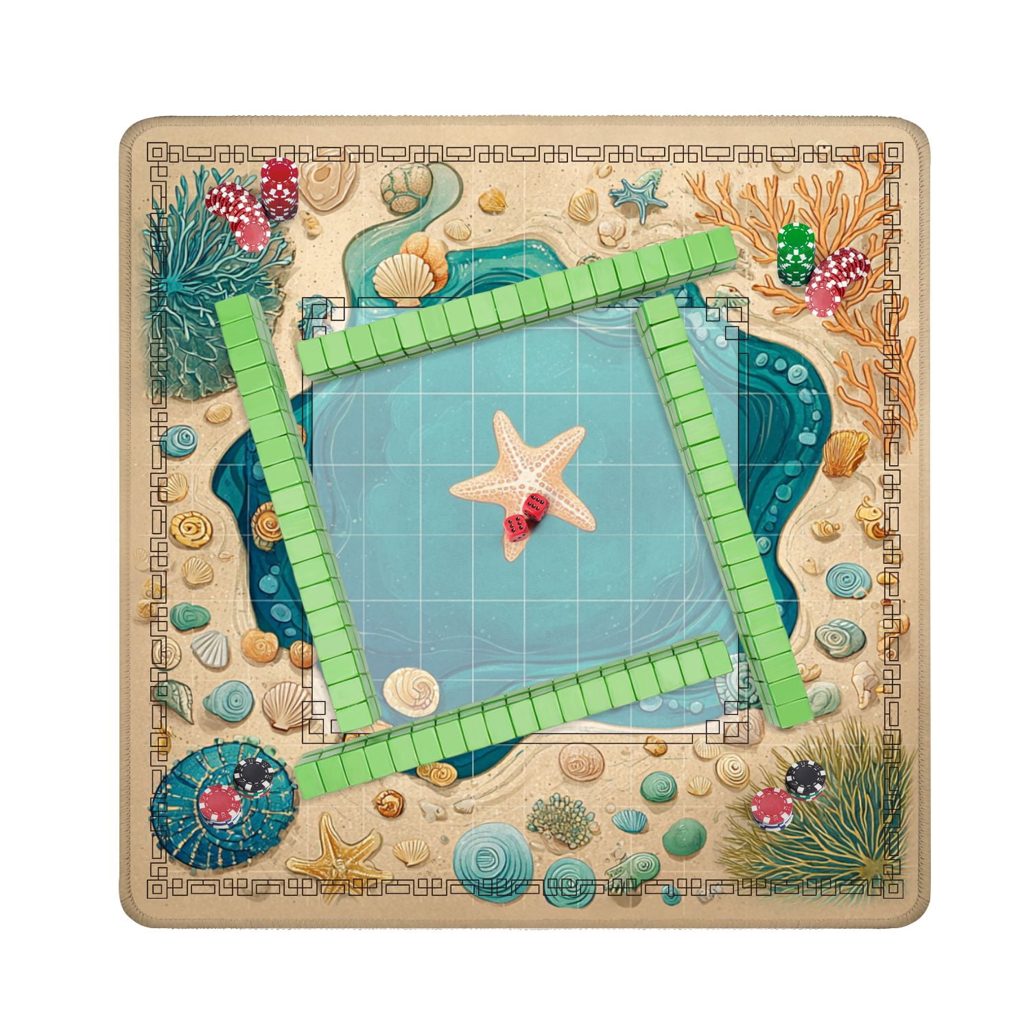 Mahjong Mat 31.5" x 31.5" Colorful Starfish Seashells Ocean Tide Pool Sandy Beach Border Non-Slip Noise Reduction American Mahjong Tiles Table Cover for Dominoes Poker Card Board Games Gift