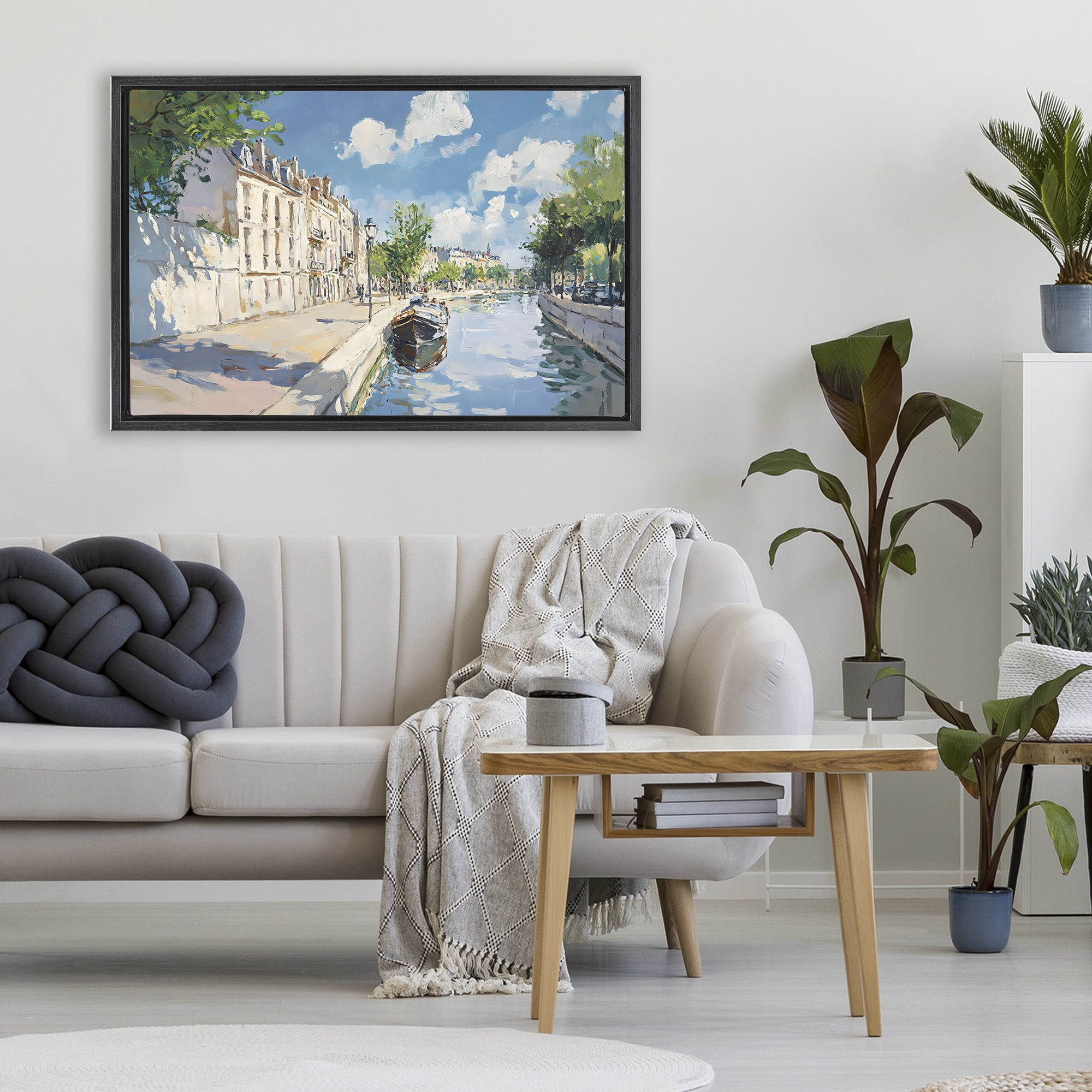 Stupell Industries Boat in Canal Summer Reflection Black Framed Floater Canvas Wall Art, design by Creative Studio