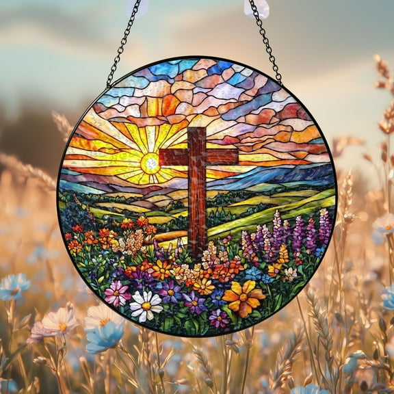 Wildflower Cross Stained Glass Suncatcher – Christian Religious Window Hanging, Gift for Mom, Unique Faith-Based Home Decor