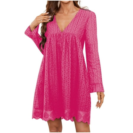 VSSSJ Women s Long Sleeve Lace Eyelet Mini Dresses Casual Loose Solid Color V Neck Pockets Above Knee Ruffle Cute Babydoll Dress Hot Pink S