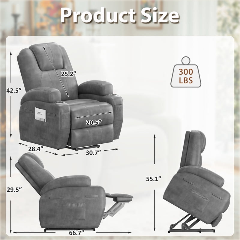 Vineego power lift recliner chairs massage Single sofa chair with cup holder for elderly,Gray
