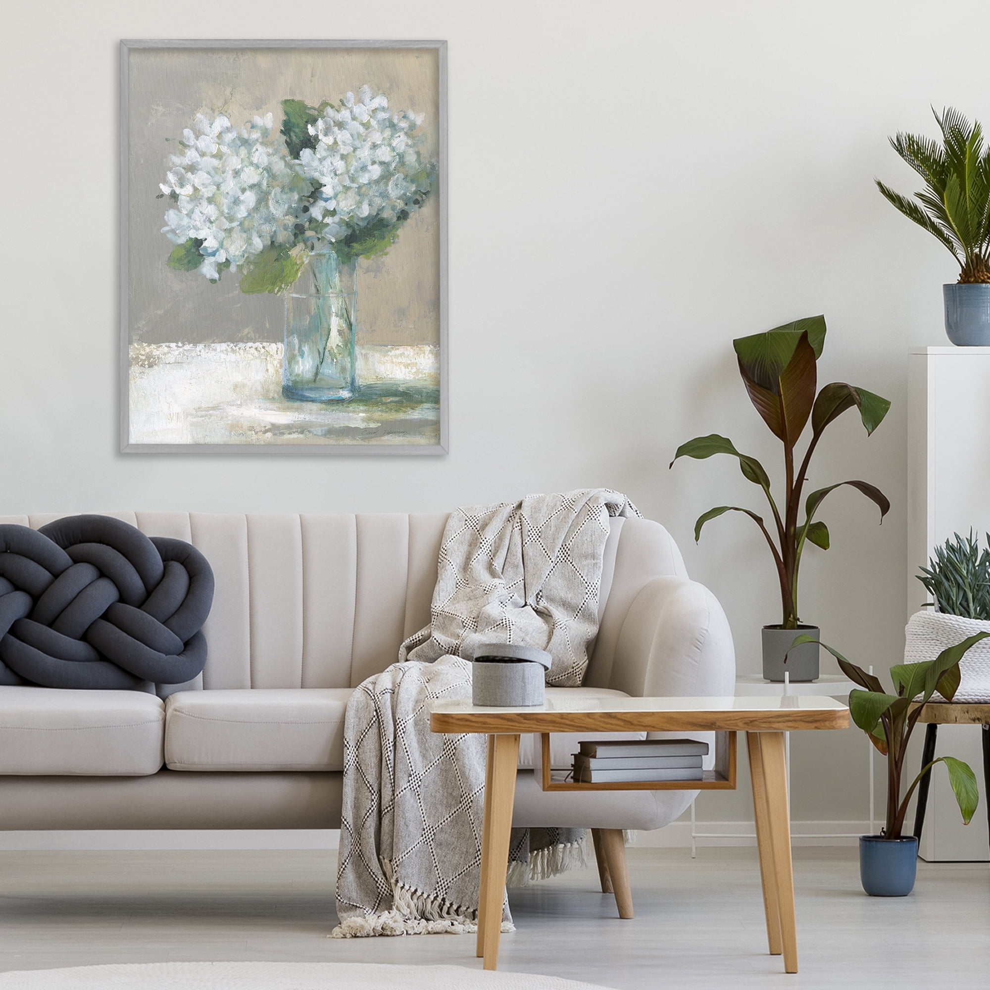 Stupell Industries White Hydrangeas Glass Vase Gray Framed Giclee Art, design by Carol Robinson