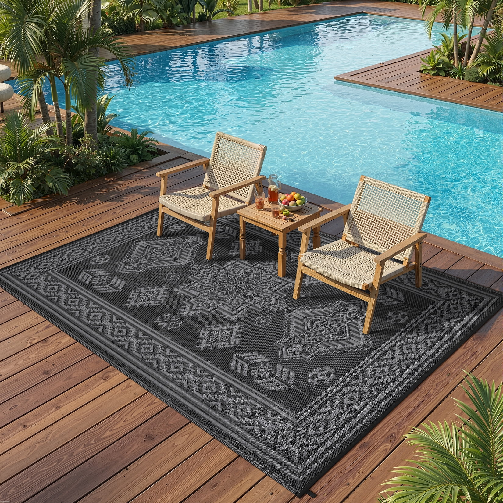 Nanan 9'x18' Indoor Outdoor Rug Boho Waterproof Plastic Straw Patio Rug, Reversible RV Camping Carpet for Backyard, RV, Deck, Porch, Balcony, Black