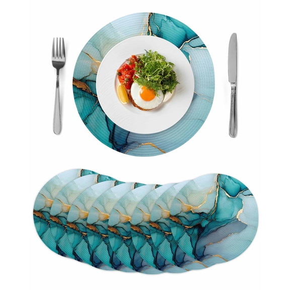 Teal Ombre Round 15 Inch Placemats Set of 8, Modern Marble Ink Painted Abstract HeatResistant Non Slip Place Mats for Dining Table, Wipeable Braided Kitchen Table Mats for Housewarming
