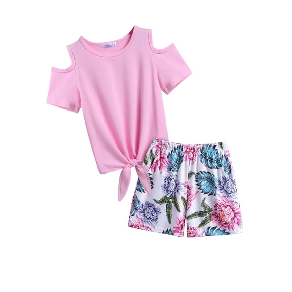 Arshiner Girls 2 Pieces Summer Outfits Short Sleeve Tie Knot T-Shirts and Casual Shorts With Pockets