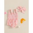 thumbnail image 4 of Baby Toddler Girl 2Pcs Summer Outfits 3 6 12 18 Months Sleeveless Bow Print Smocked Romper with Headband Set Infant Clothes, 4 of 9