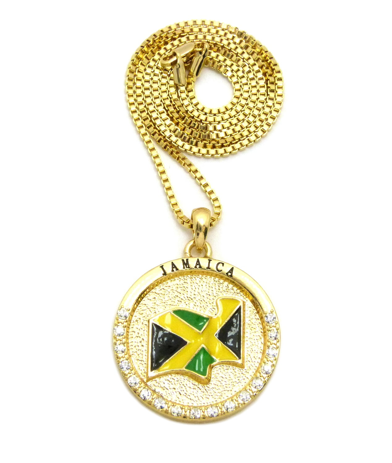 Stone Stud Jamaica Waving Flag Medal w/ 2mm 24" Box Chain Necklace