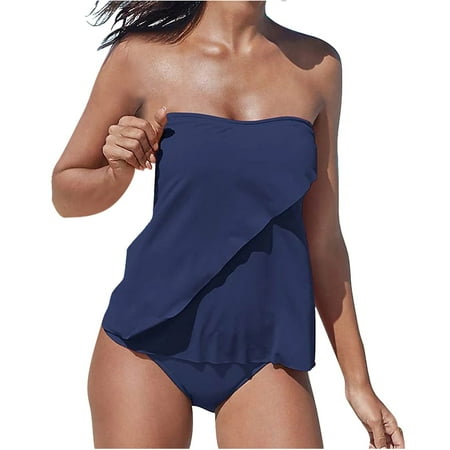 Hfyihgf Two Piece Tankini Bathing Suits for Women Strappy Bandeau Swim Top with Bikini Bottom Flowy Tummy Control Swimsuit(Navy S)