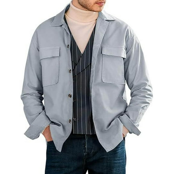 GuangCheng George Men Casual Shirt Jackets,Workwear Overshirt,Warm,Lightweight,Button Up,Outerwear with Chest Pockets,Gray,3XL