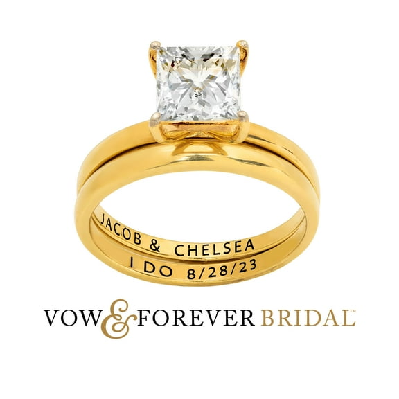 Vow & Forever Personalized Planet Bridal 14K Gold over Sterling Silver Square White Topaz 2-Piece Engraved Wedding Ring Set ,Women's