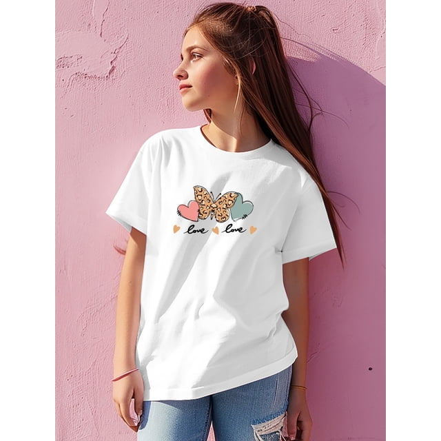Chic Butterfly & Floral Print T-Shirt for Girls - Casual Crew Neck, Soft Cotton, Machine Washable - Perfect Summer Top