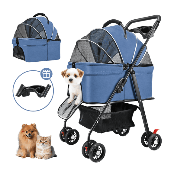 3-in-1 Pet Stroller, Car Seat & Carrier for Small Dogs and Cats, 4-Wheel Foldable Design, Max Load 44 lbs, Durable Oxford Fabric, Blue