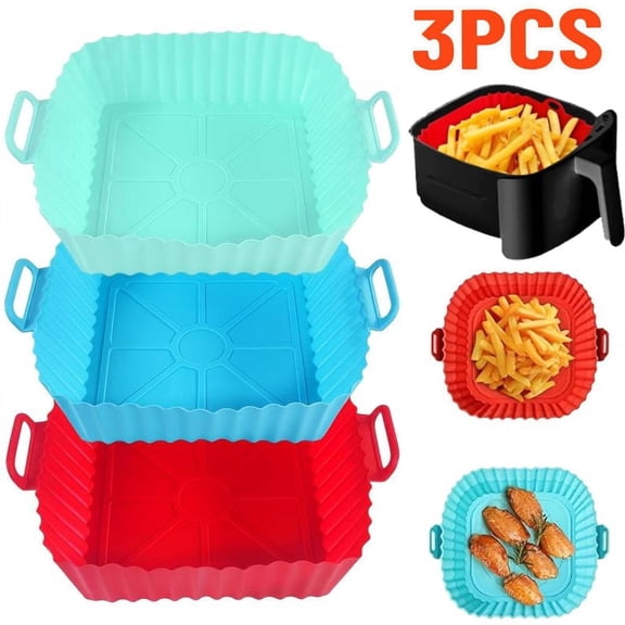 3 PCS 8 Inch Air Fryer Silicone Liners for 3.6 to 6.8 QT Air Fryers, Non-Stick Reusable Silicone Pot Basket Bowl Liner Baking Tray Air Fryer Accessories, Square Airfryer Liner