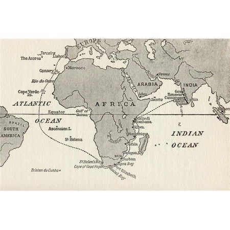 Sketch Map Illustrating Vasco Da Gamas Voyages. The Dotted Line Indicates The First Voyage to India In 1497 From The Great Explorers Columbus & Vasco Da Gama Poster Print, 18 x 12