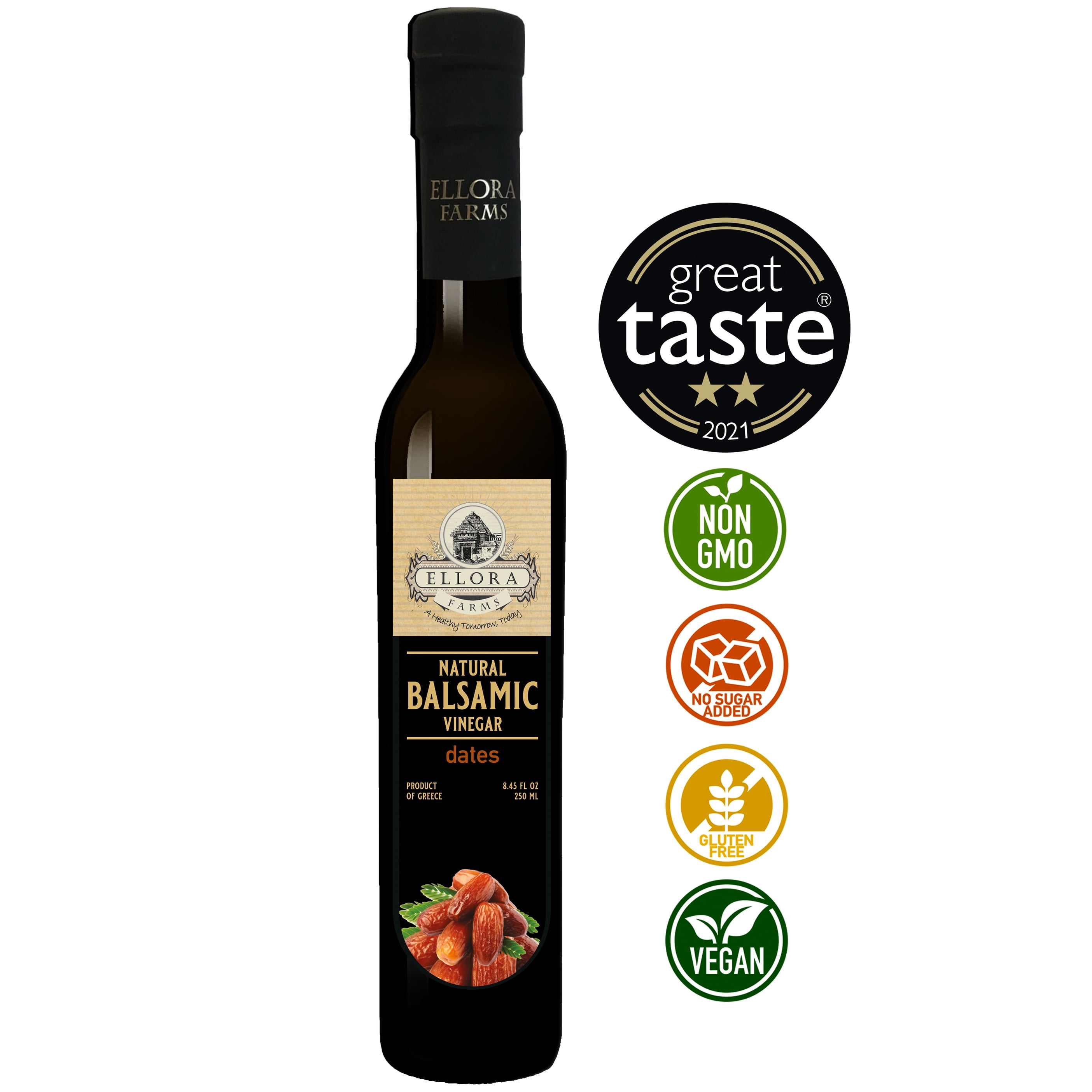 Ellora Farms Fresh Dates Infused Thick Balsamic Vinegar, No-Added Sugar, No-Preservatives, 8.45 oz Glass Bottle