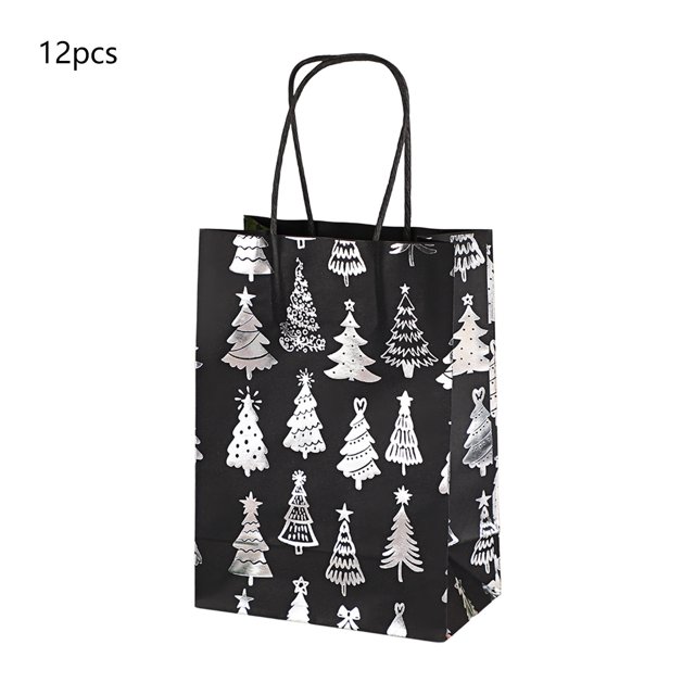 Eoozwa Christmas Party Favors Bags Black and Silver Christmas Goodie Gift Paper Bags with Handles Xmas Tree Reindeer Snowflake Candy Treat Pouch for Xmas Party Decoration Holiday Supplies