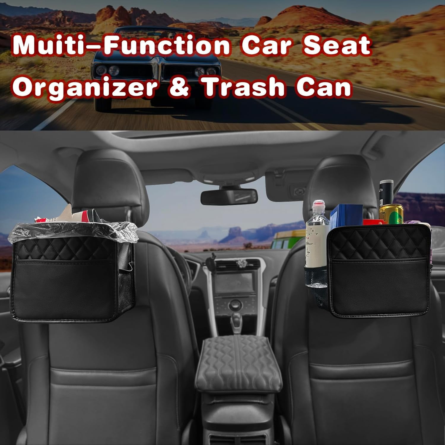 Witaxima 2 Pack Car Trash Bag Hanging, 2.14 Gal Car Trash Can with Storage Pockets, PU Leather Backseat Organizer for Cars, SUVs, Trucks, Black