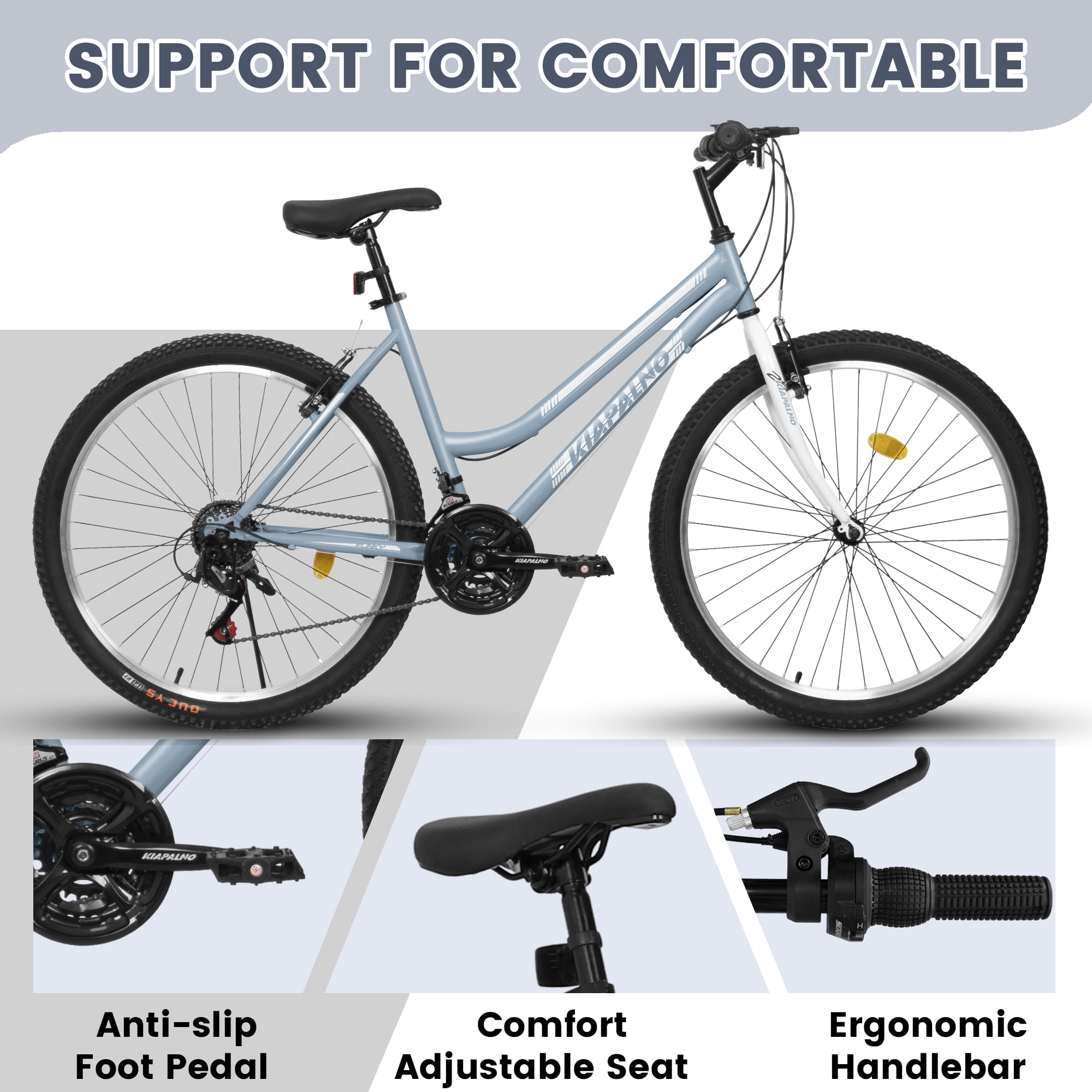 26 Inch Mountain Bike for Women, 21 Speed Mountain Bicycle with V-Brake and Carbon Steel Frame, Female Commuting City Bike to School Work, Silver-Grey