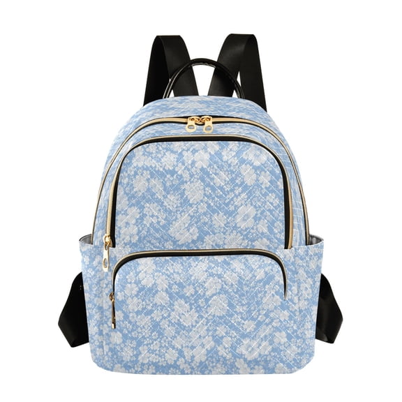 Qxltty Quilted Backpack for Women, Blue Floral Print Travel Daypack with Front Pocket for Casual Daily Use