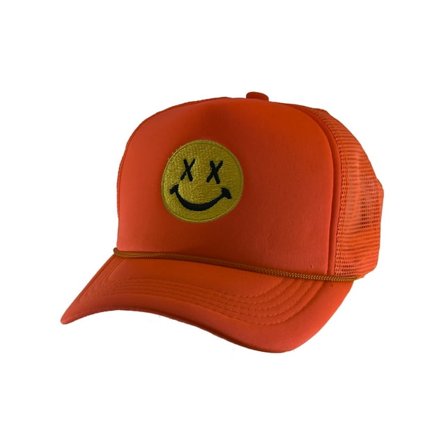 Gravity Threads Smile Face Embroidery Adjustable Trucker Hat - Cross Eye - Neon Orange