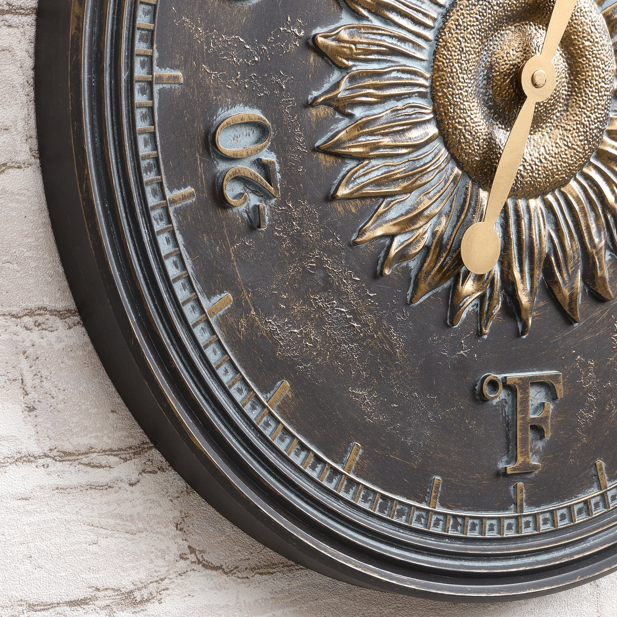 FirsTime & Co. Verdigris Calisto Sunflower Outdoor Wall Clock And Thermometer 2-Piece Set, Rustic, Analog, 16 x 1.12 x 16 in