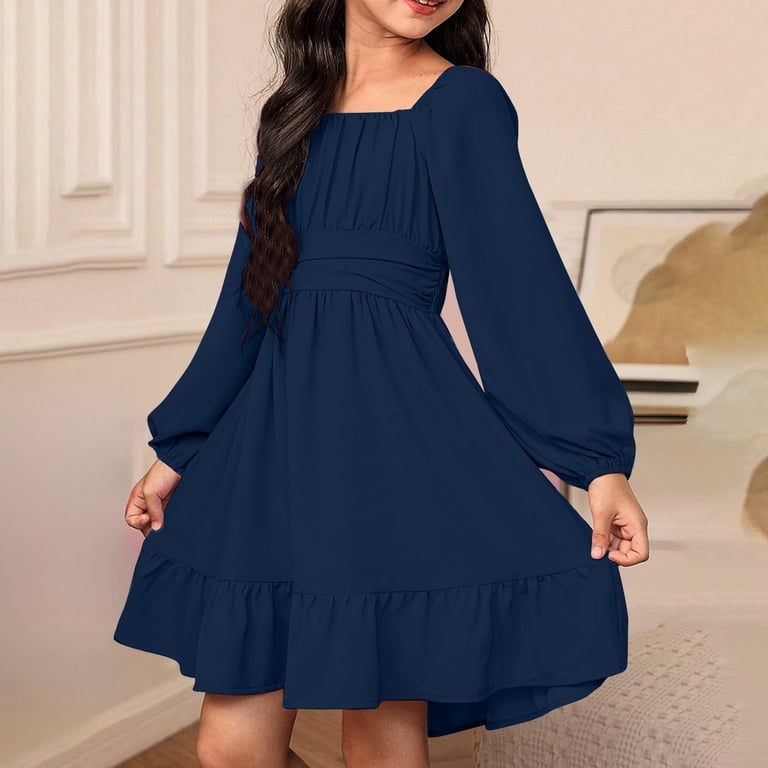 princess polly baby blue dress Gaexia Fall Long Sleeve Dress Girl,Girls Dresses Casual Long Sleeve Backless Dress with Waist Tie for Outdoor Summer Spring Fall,Light Blue,12-13