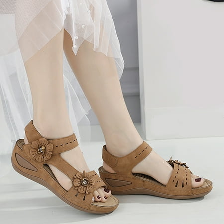 

Cathalem Wedges for Women Sandals Women Summer Flowers Casual Open Toe Wedges Massage Soft Bottom Breathable Hook Loop Shoes Sandal Brown 8.5