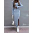 thumbnail image 4 of Women'S Solid Color Knitted Round Neck Long Sleeve Top Slit Long Skirt Two-Piece Set Blue L, 4 of 7