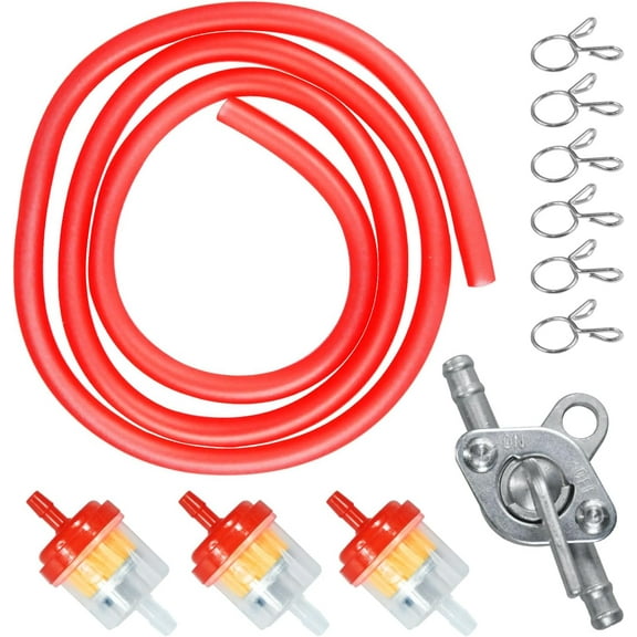 Gas Fuel Line Hose Clamps Fuel Filters with Inline Shut Off Valve Petcock Set for 50cc 70cc 90cc 110cc 125cc 150cc Taotao Coolster Apollo Baja ATV Four Wheeler Dirt Pit Bike (RED)