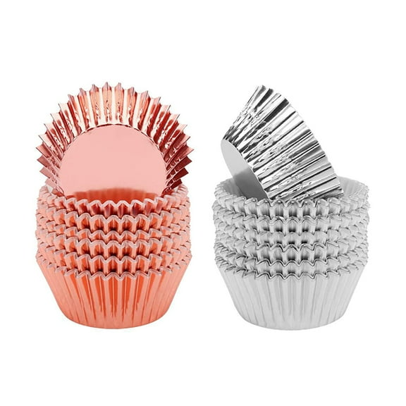 200pcs Thickened Foil Metallic Muffin Cups Paper Cupcake Liners Baking Cake Wrappers (Silver Rose Gold)